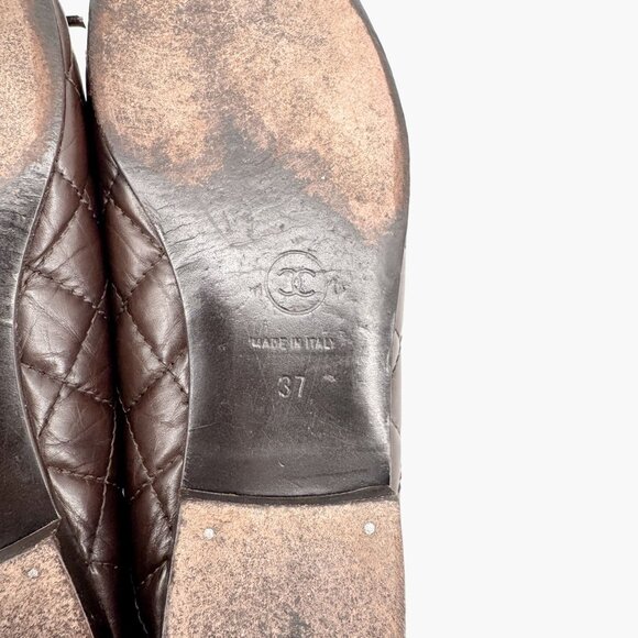 Chanel CC Cap Toe Ballet Flats EU 37 US 6-6.5 Brown Quilted Leather Loafer Shoe - Picture 11 of 12